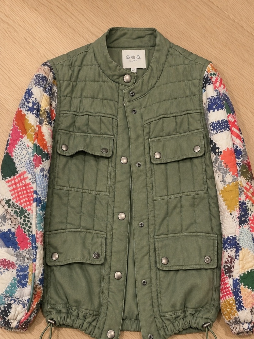 Sea Olive Quilted Jacket with Multicolor Patchwork Sleeves